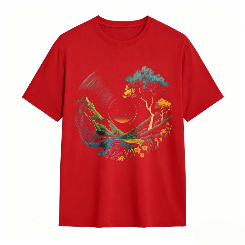 Nature Landscape With Mountain River Tree And Sun Unisex Classic T-shirt