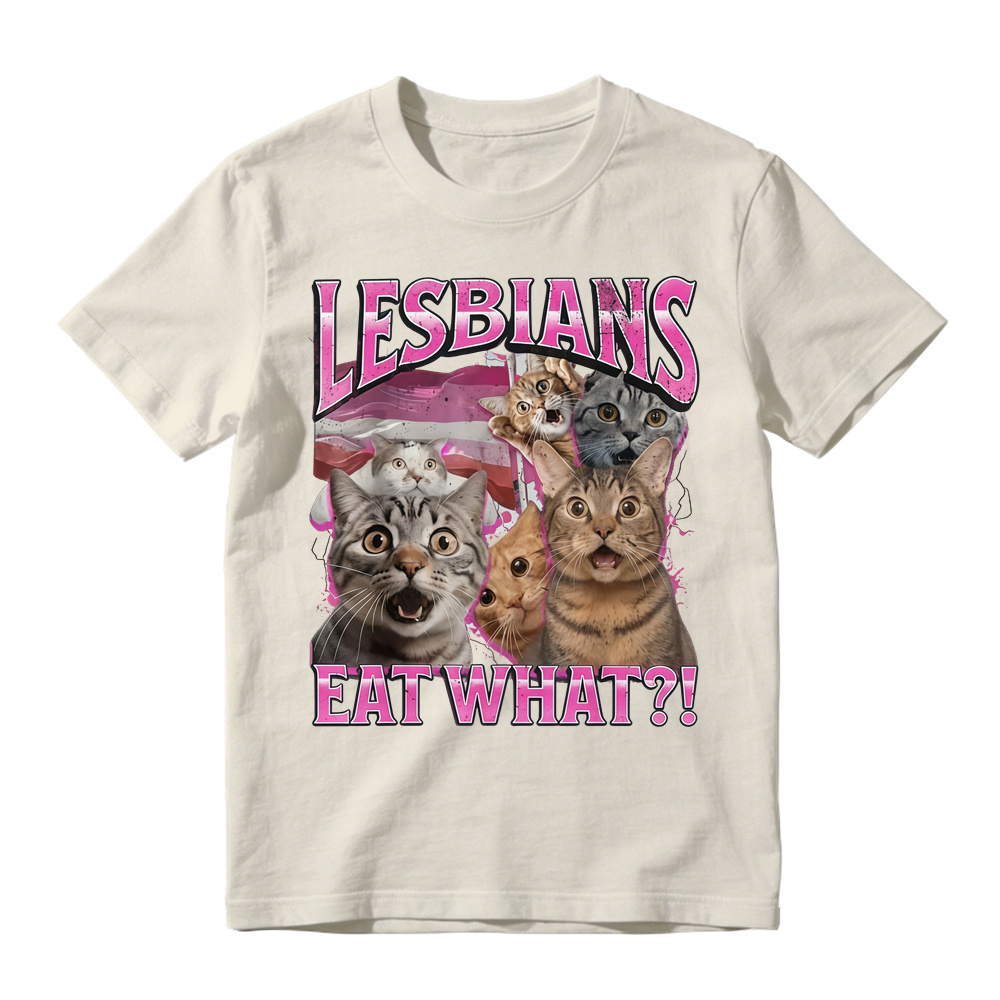 Lesbians Eat What?! Funny Cat Gay Pride Pun T-Shirt Fit Top