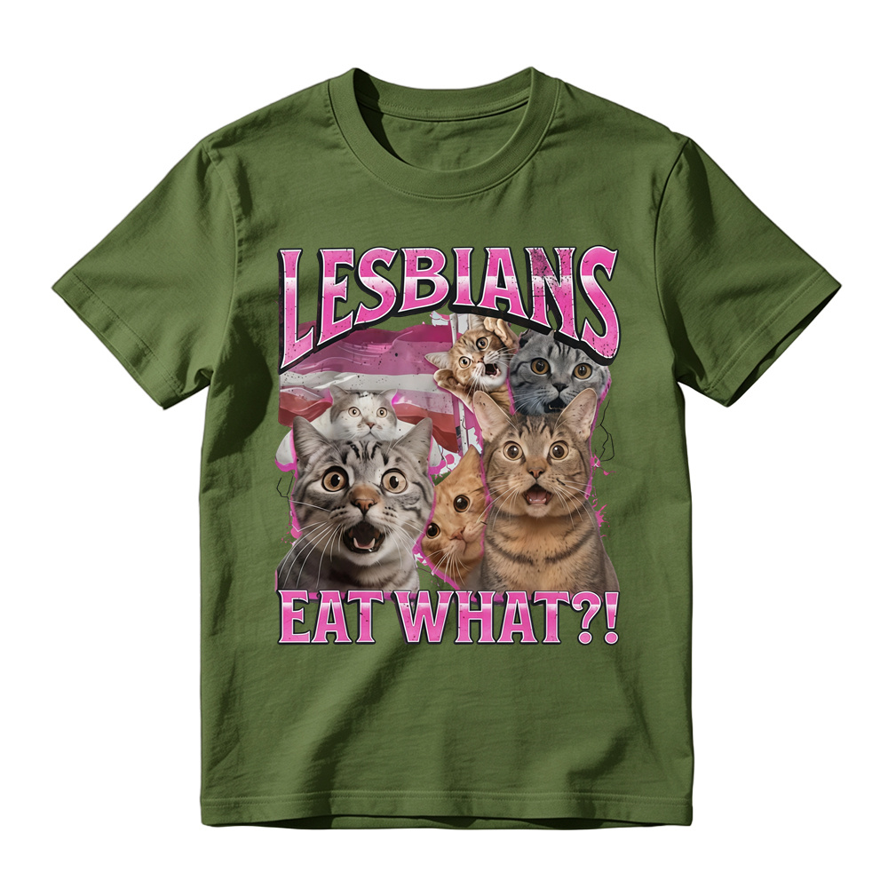Lesbians Eat What?! Funny Cat Gay Pride Pun T-Shirt Fit Top