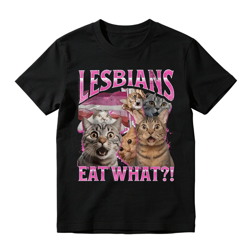 Lesbians Eat What?! Funny Cat Gay Pride Pun T-Shirt Fit Top