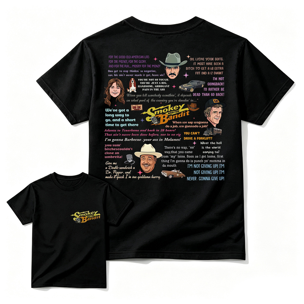 Sm0key & Th3 B4nd1t Quote Collage T-Shirt, 70s Retro Movie Fan Tee