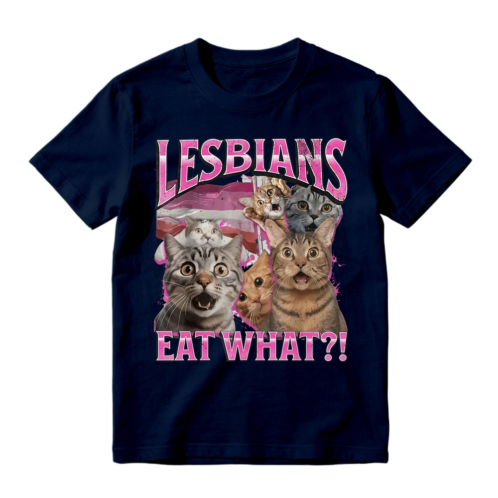 Lesbians Eat What?! Funny Cat Gay Pride Pun T-Shirt Fit Top