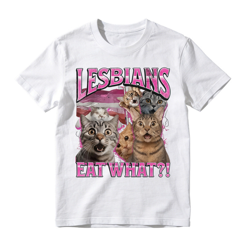Lesbians Eat What?! Funny Cat Gay Pride Pun T-Shirt Fit Top