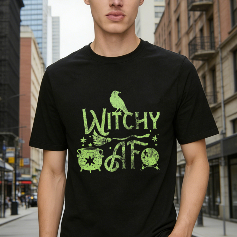 Witchy Afo Halloween Witch Broomstick Cauldron Crow Graphic T-shirt