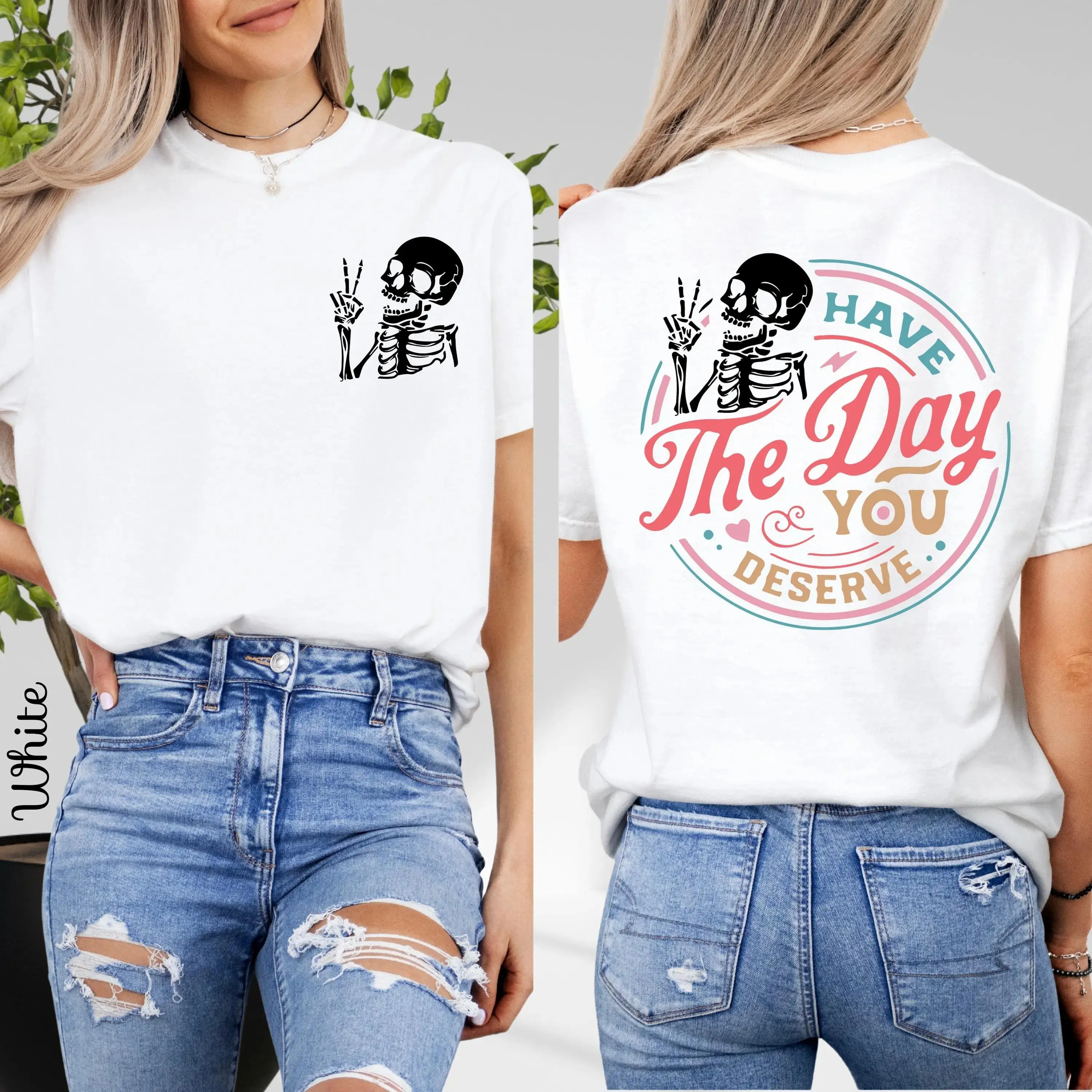 Women's Skeleton & Letter Print Round Neck Tee Fashion Casual Crew Neck T-Shirt for Daily Holiday Vacation Outdoor Wear