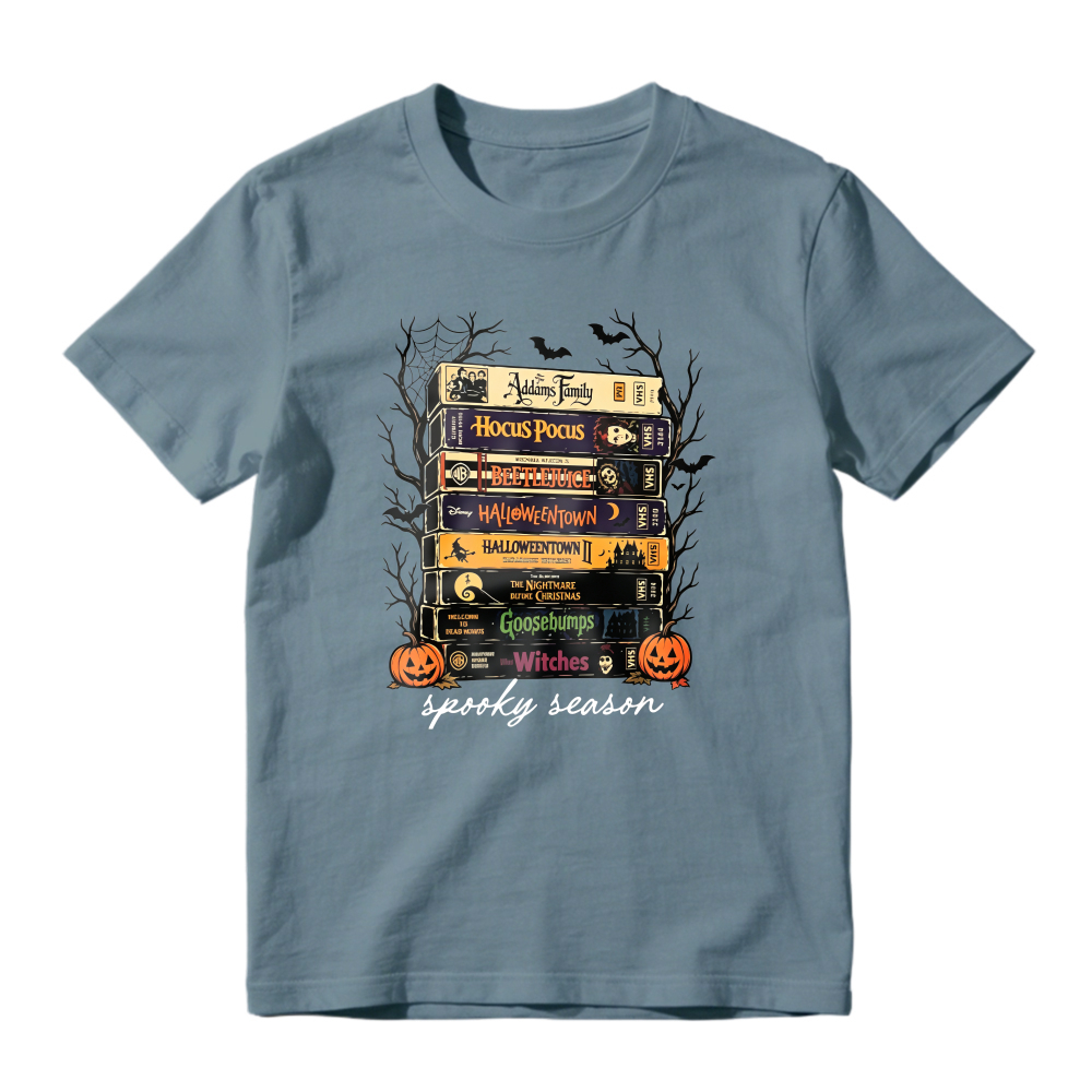 Spooky Season Halloween Movie Books Stack Graphic T-shirt