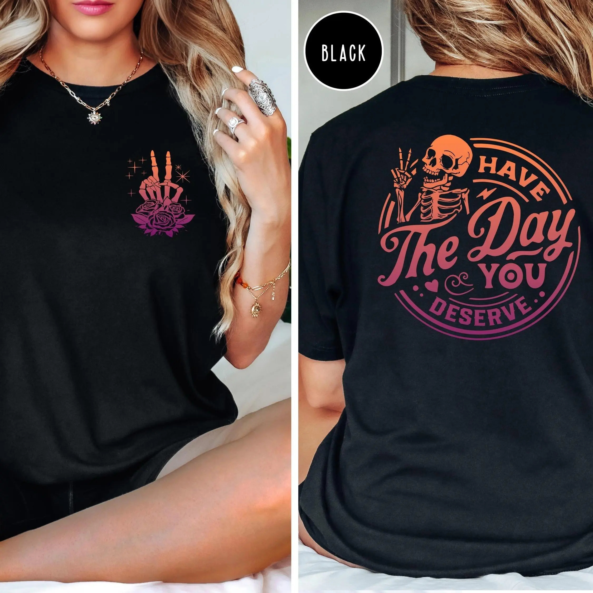 Women's Skeleton & Letter Print Round Neck Tee Fashion Casual Crew Neck T-Shirt for Daily Holiday Vacation Outdoor Wear