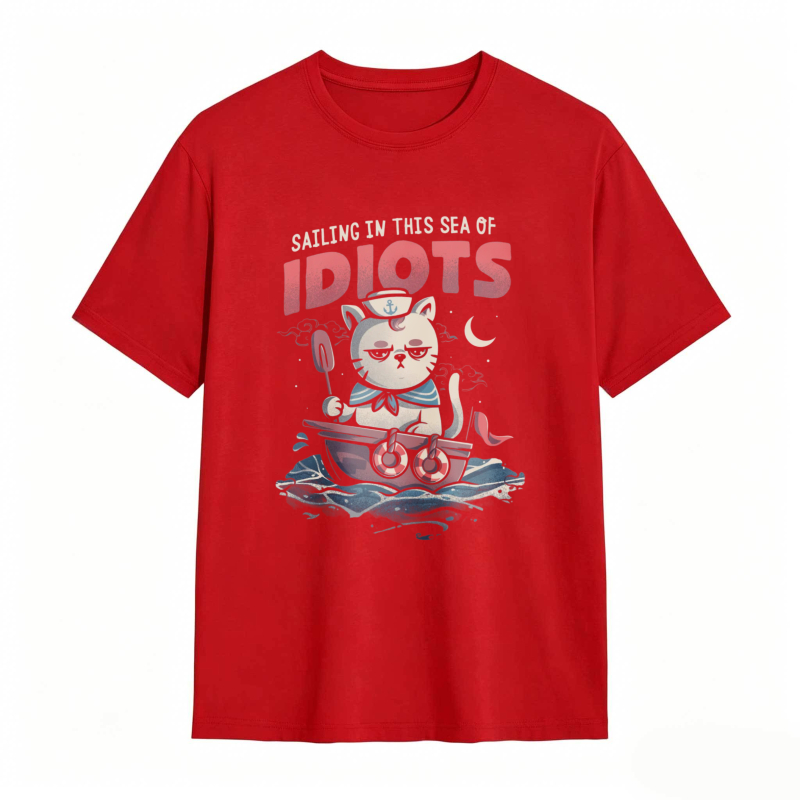 Cat Sailing In A Boat With Text Sailing In This Sea Of Idiots Unisex Classic T-shirt