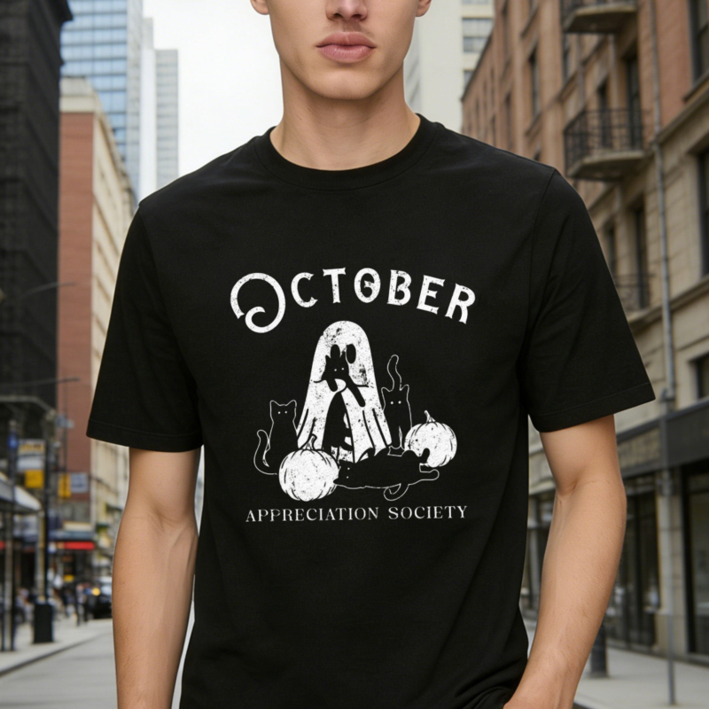 October Appreciation Society Ghost Cat Pumpkin Halloween T-shirt