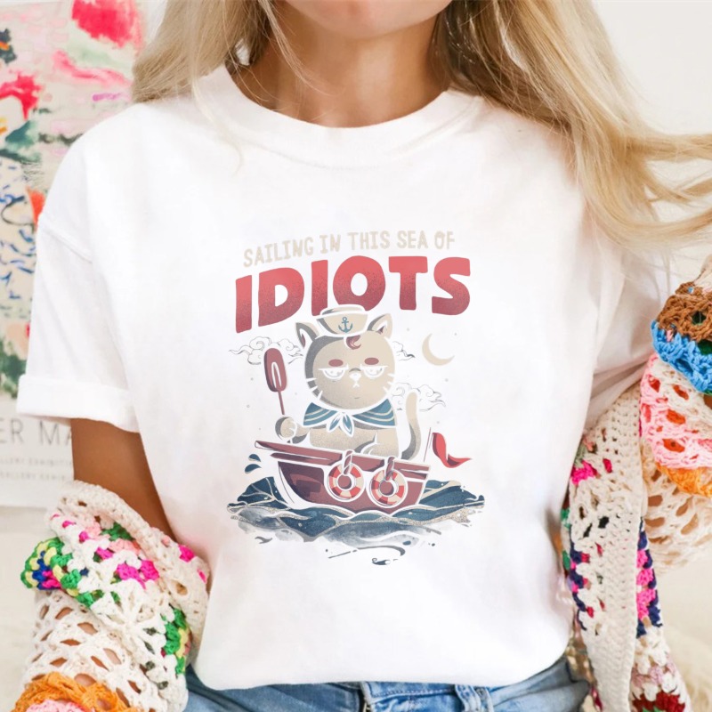 Cat Sailing In A Boat With Text Sailing In This Sea Of Idiots Unisex Classic T-shirt