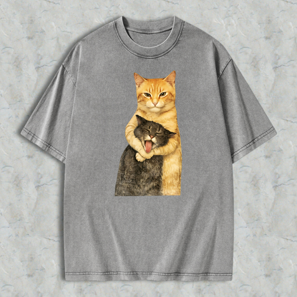 230g Washable Cat Quarrel Moment Print T-Shirt