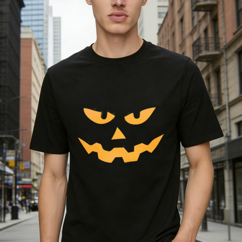 Orange Scary Jack O Lantern Face Graphic Halloween T-shirt