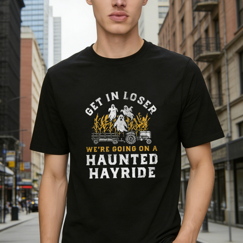 Get In Loser We Are Going On A Haunted Hayride Ghosts Tractor Halloween Graphic T-shirt