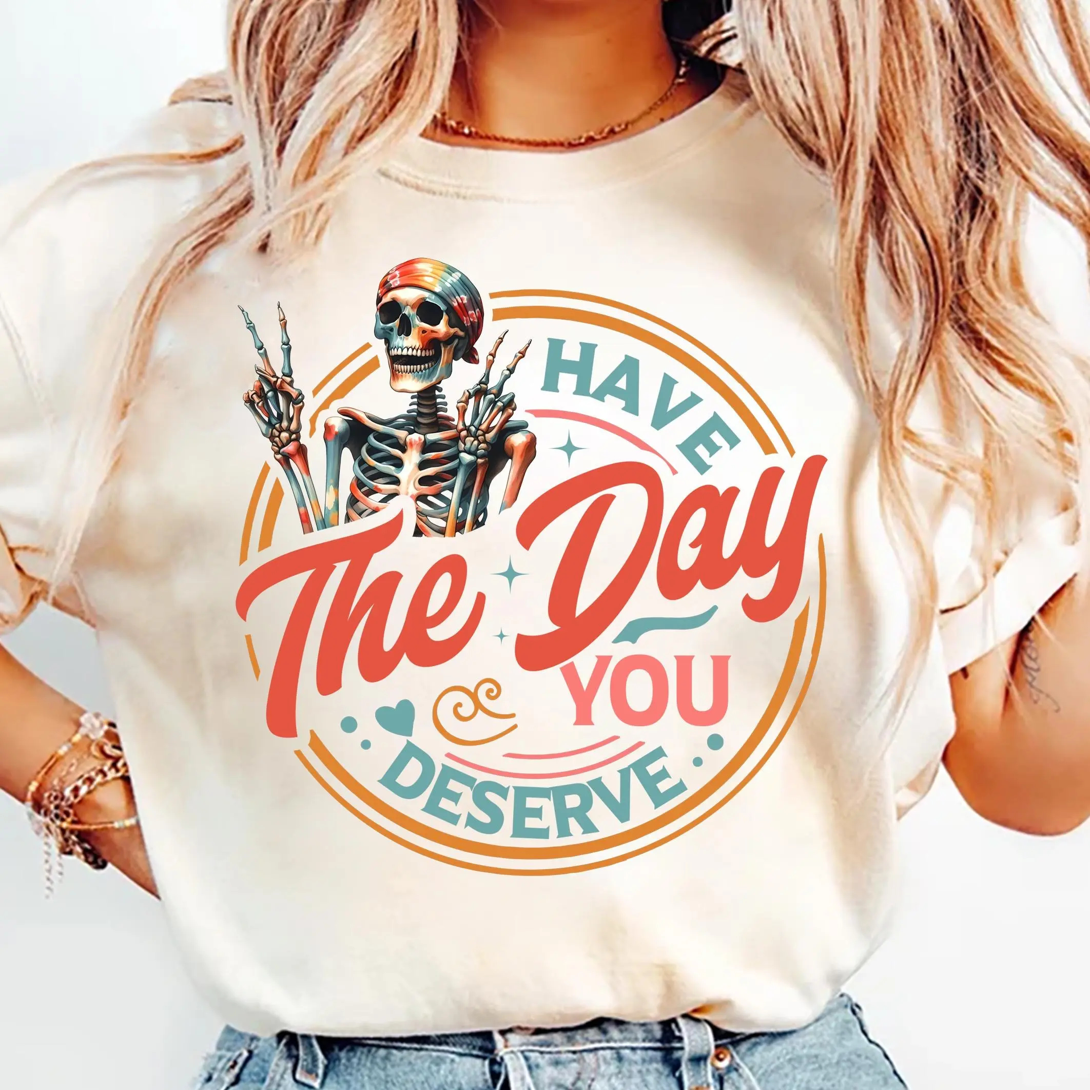 Women's Skeleton & Letter Print Round Neck Tee Fashion Casual Crew Neck T-Shirt for Daily Holiday Vacation Outdoor Wear