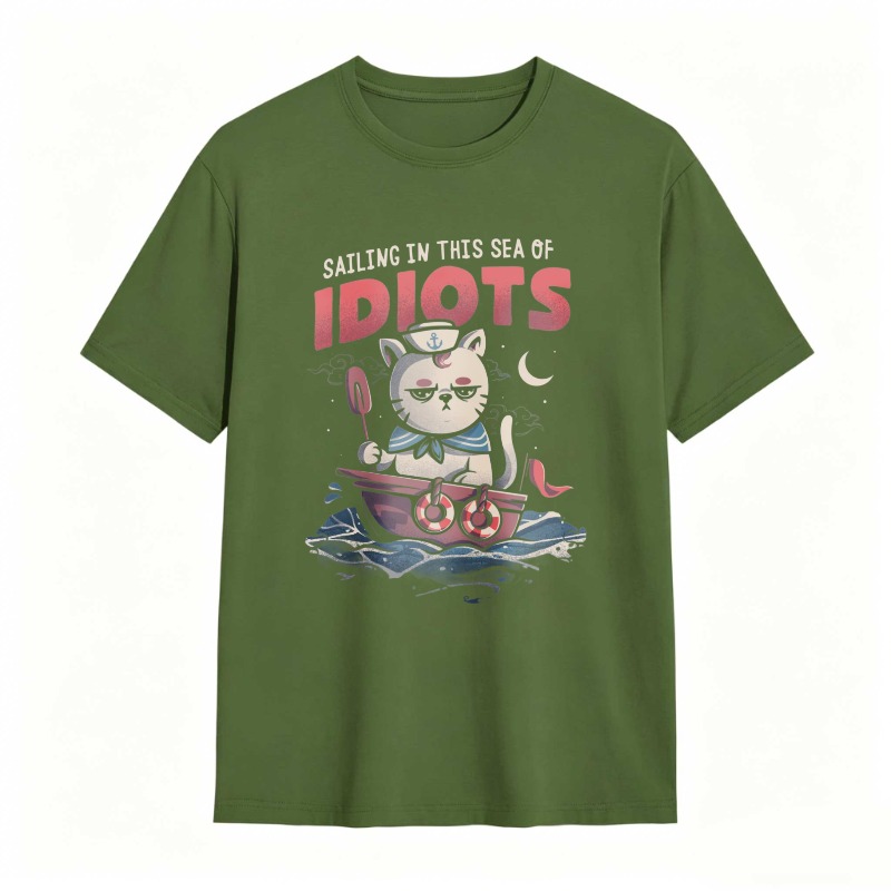Cat Sailing In A Boat With Text Sailing In This Sea Of Idiots Unisex Classic T-shirt
