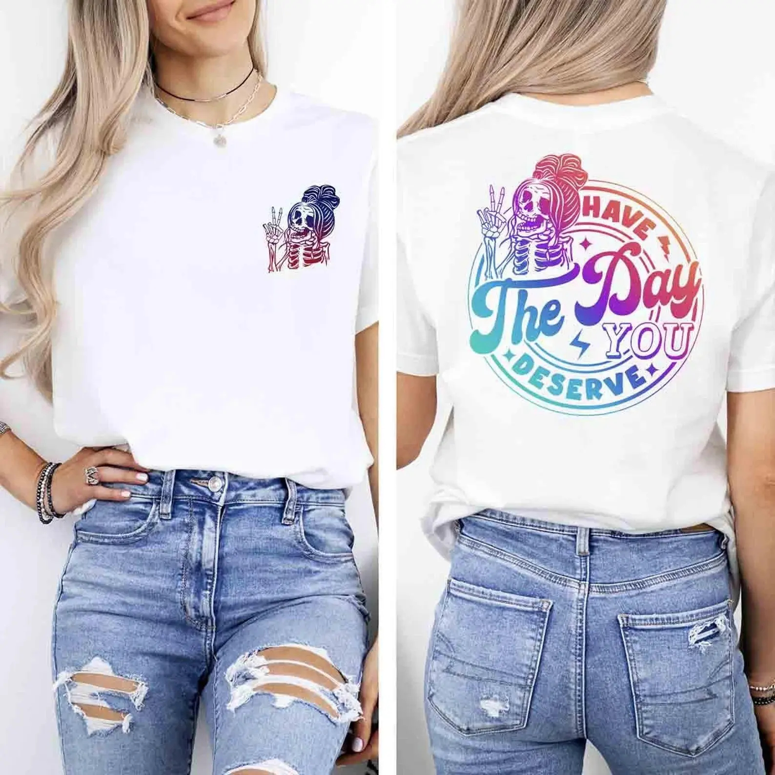 Women's Skeleton & Letter Print Round Neck Tee Fashion Casual Crew Neck T-Shirt for Daily Holiday Vacation Outdoor Wear