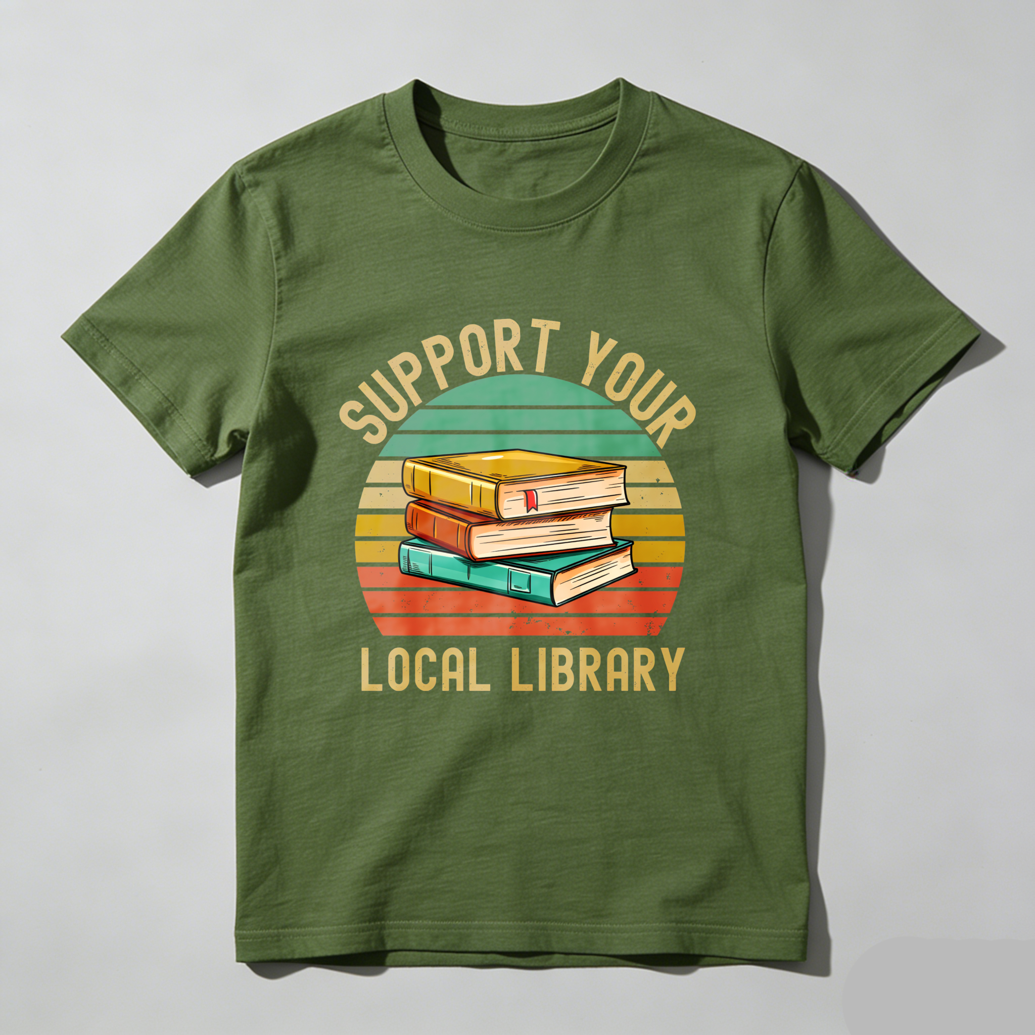Wardrobecart Support Your Local Library Books Stack Sunset Tshirt