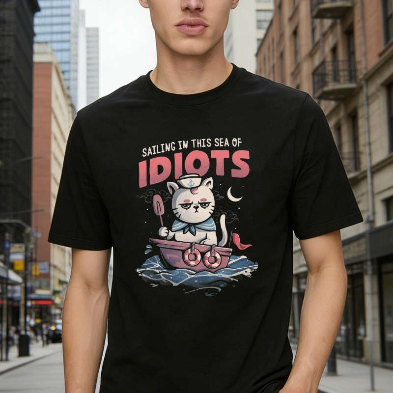 Cat Sailing In A Boat With Text Sailing In This Sea Of Idiots Unisex Classic T-shirt