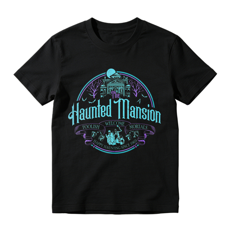 Vintage Spooky Ghost House Graphic Unisex Classic T-shirt Retro Halloween Moon Bat Short Sleeve Tee