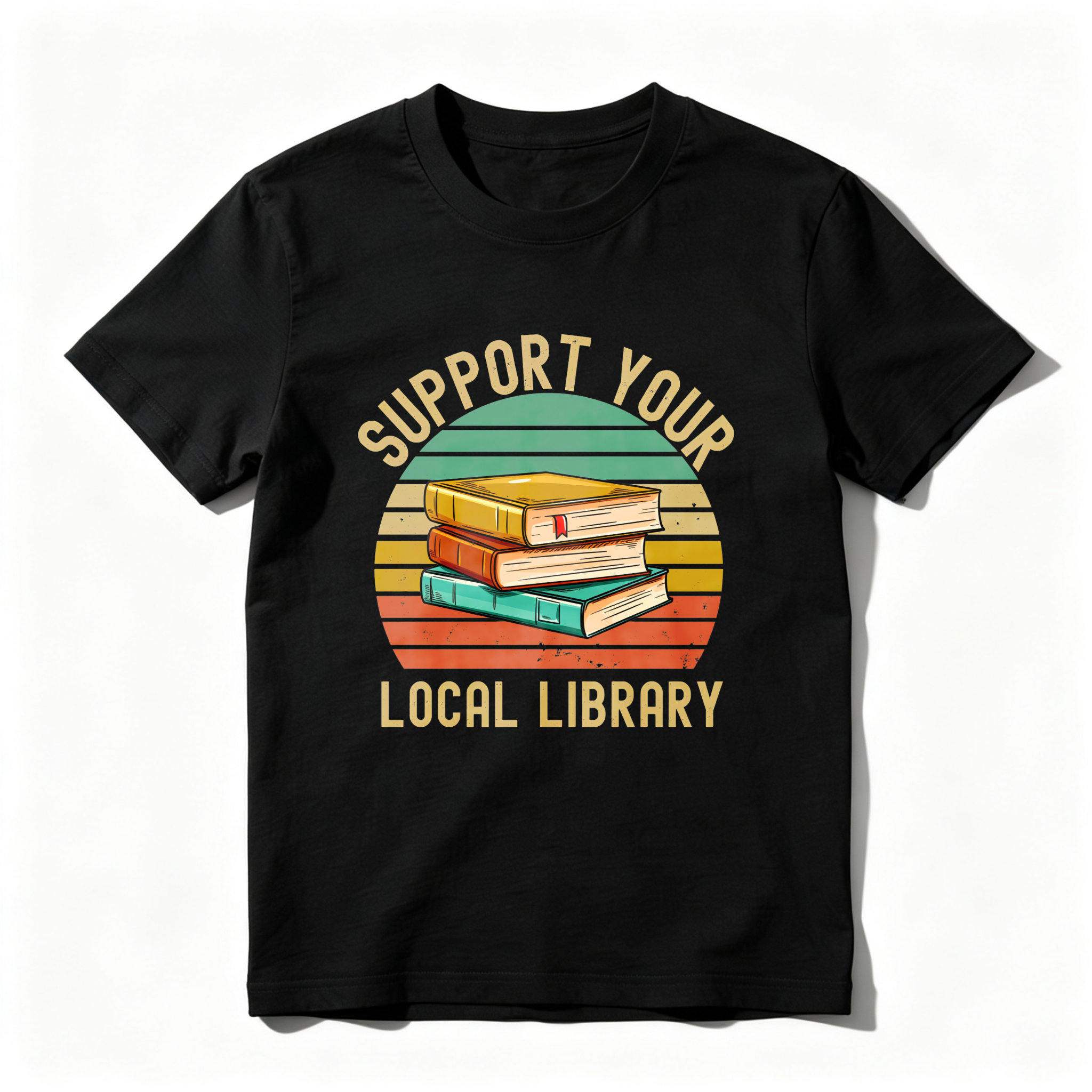 Wardrobecart Support Your Local Library Books Stack Sunset Tshirt