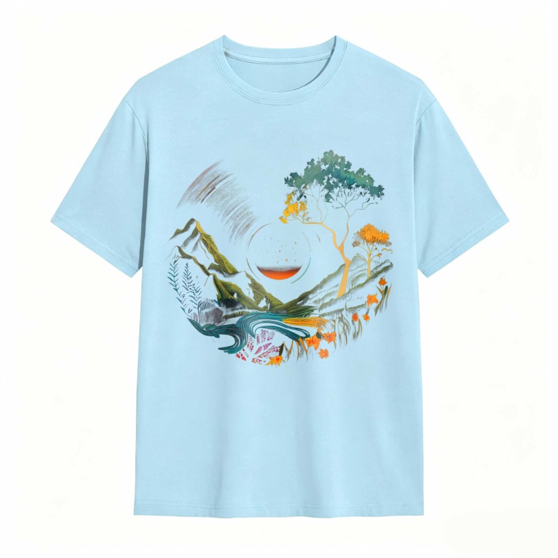 Nature Landscape With Mountain River Tree And Sun Unisex Classic T-shirt