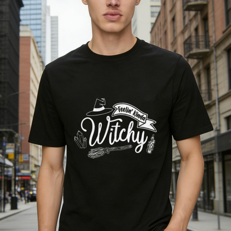 Feelin Kinda Witchy Halloween Witch Hat Broomstick Crystals Graphic T-shirt