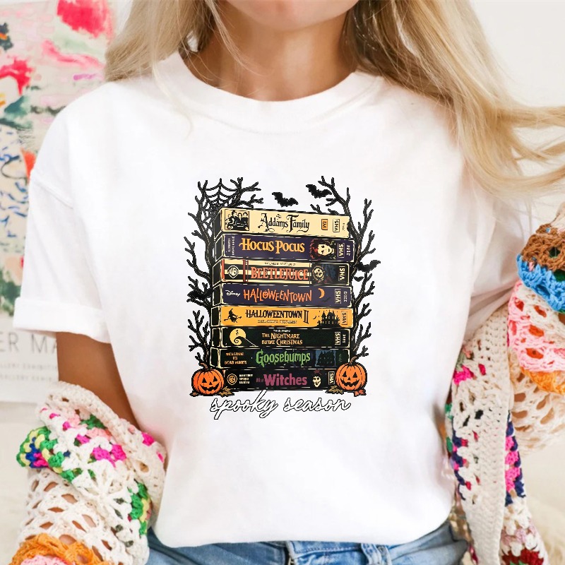 Spooky Season Halloween Movie Books Stack Graphic T-shirt