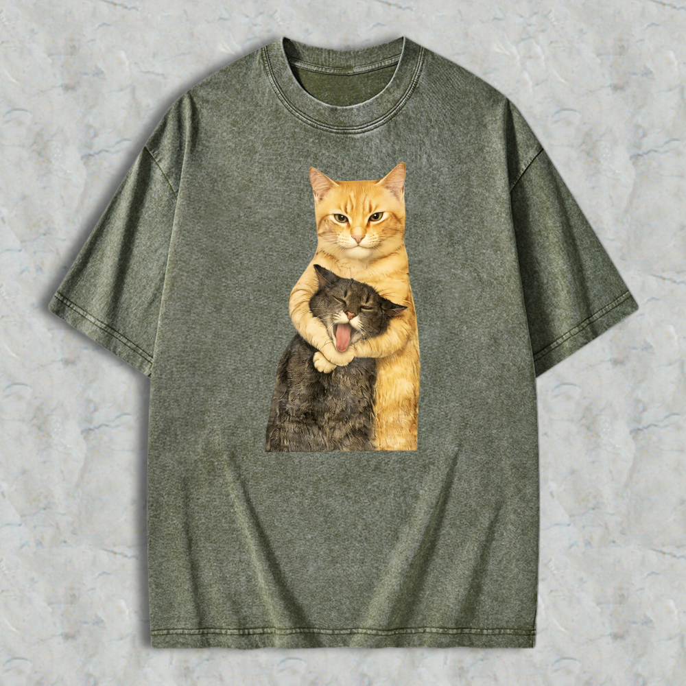 230g Washable Cat Quarrel Moment Print T-Shirt
