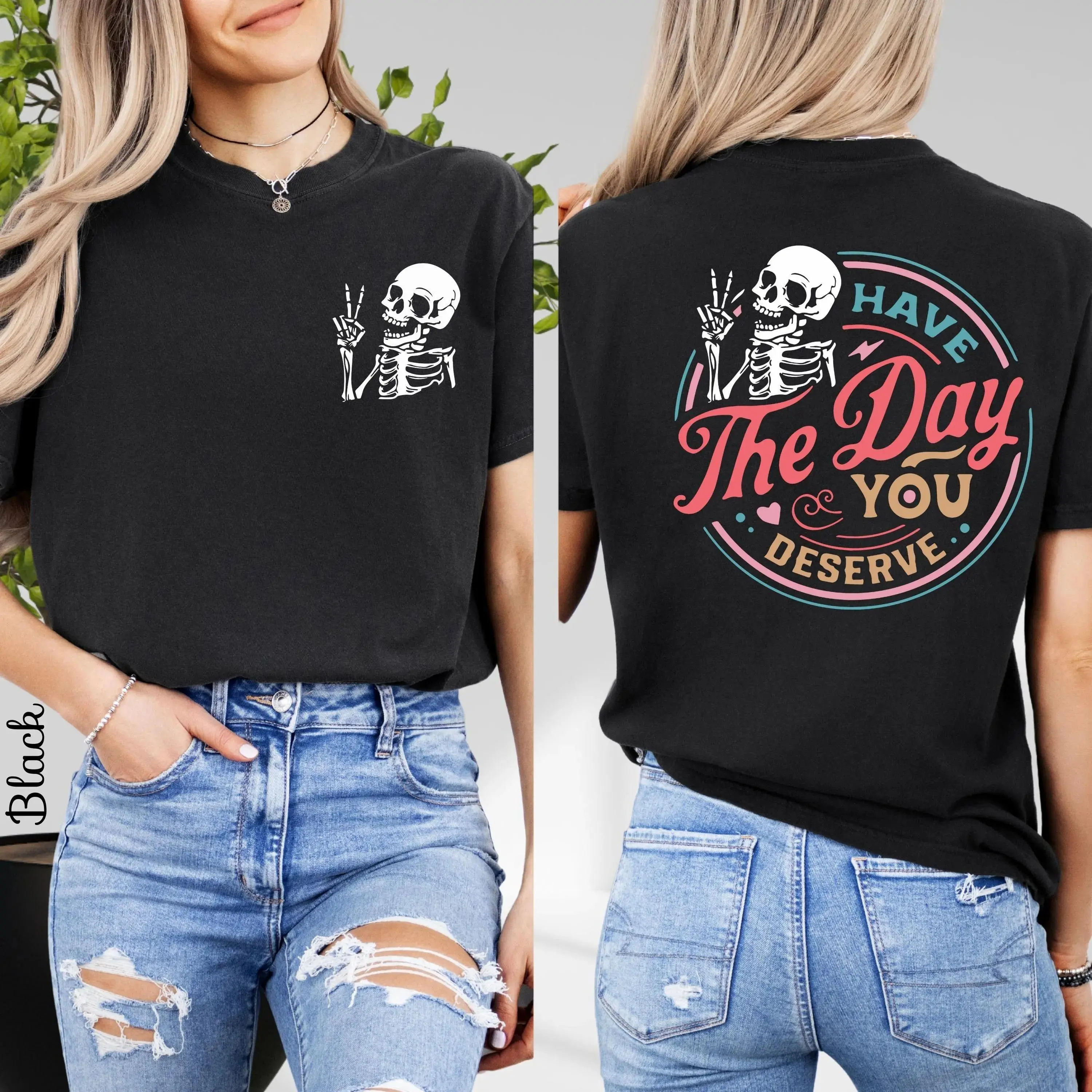 Women's Skeleton & Letter Print Round Neck Tee Fashion Casual Crew Neck T-Shirt for Daily Holiday Vacation Outdoor Wear