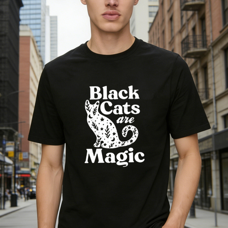 Black Cats Are Magic With Floral And Star Pattern Cat Silhouette Graphic T-shirt
