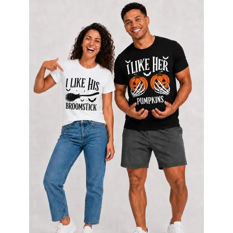 Men's Halloween Graphic Tees, Matching His Hers Funny Halloween Couple Costume Shirts, Pumpkin/Broom Design