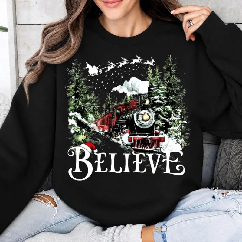 P0lar 3xpr3ss "Believe" Christmas Sweatshirt, Xmas Train Pullover