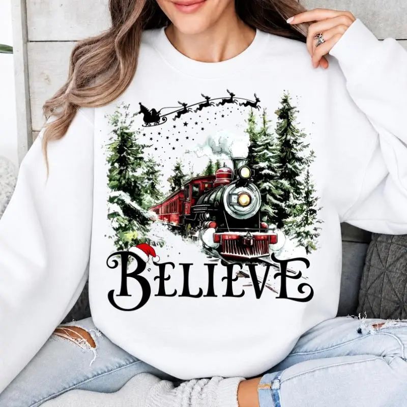 P0lar 3xpr3ss "Believe" Christmas Sweatshirt, Xmas Train Pullover