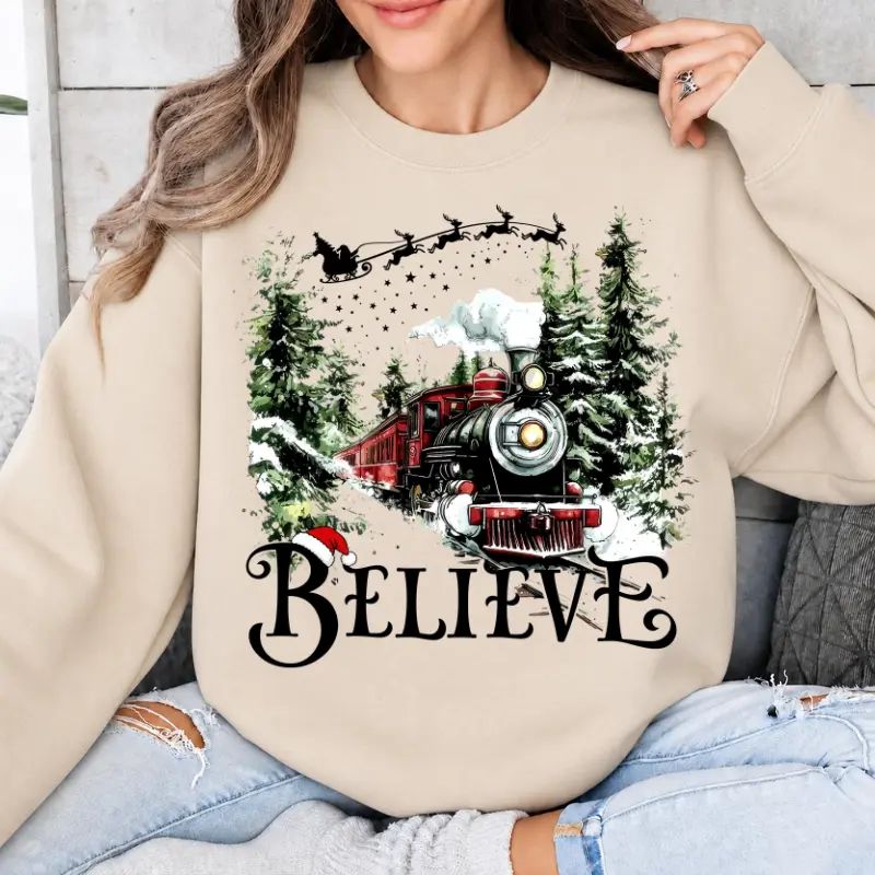 P0lar 3xpr3ss "Believe" Christmas Sweatshirt, Xmas Train Pullover