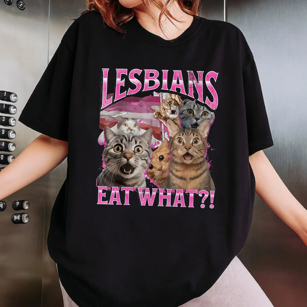 Lesbians Eat What?! Funny Cat Gay Pride Pun T-Shirt Fit Top