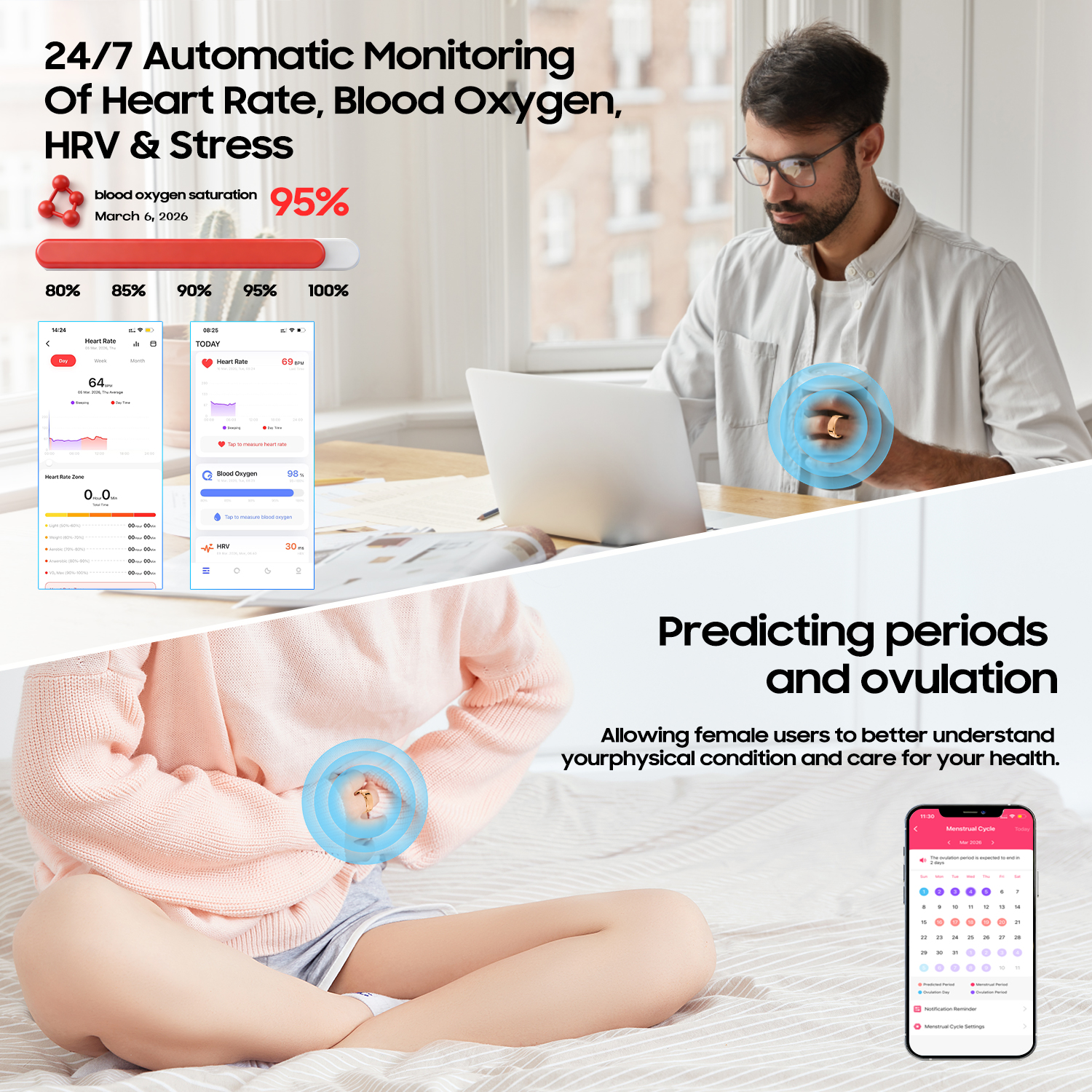 Smart Ring Gen 3,IP68 Waterproof Health Tracker with No Subscription Fee, 24/7 Heart Rate, Sleep & SpO2 Monitor, HRV & Stress Tracking Fitness Ring for Men Women, Android/iOS