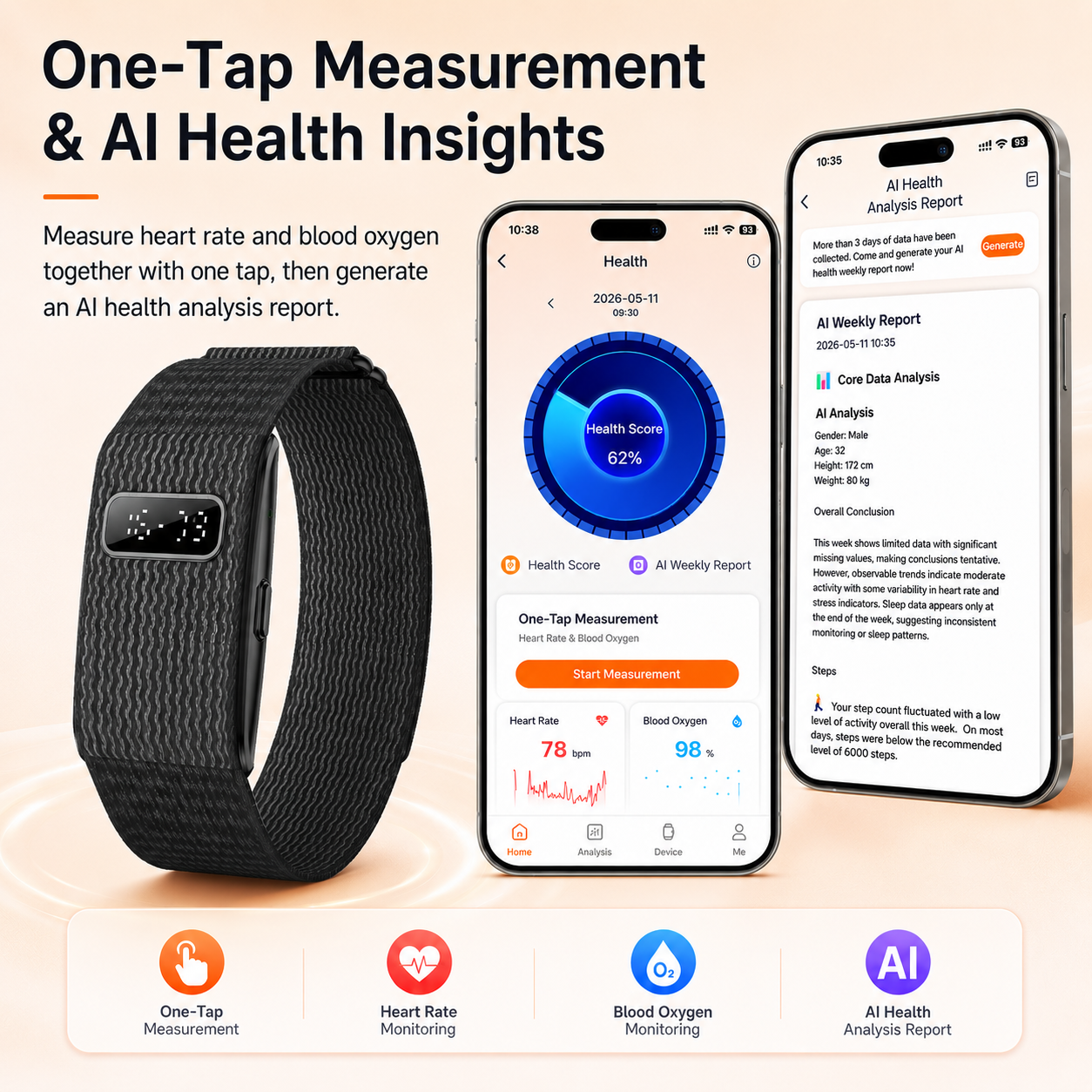 AutrefoisElf Smart Bracelet for Men Women, Health Band with 55-Day Battery Life, Minimalist Fitness Tracker with Time Display, 24/7 Heart Rate SpO2 Sleep Monitor, IP68 Waterproof Smart Band, Free App, 2 Bands