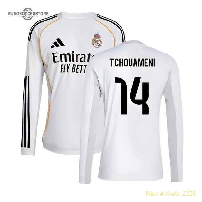 2025-2026 Real Madrid Long Sleeve Home Shirt (Tchouameni 14)-Football Jersey Hub