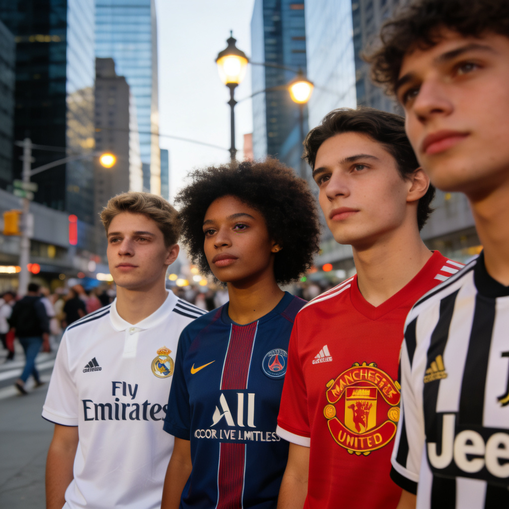 Young adults in club jerseys on city street