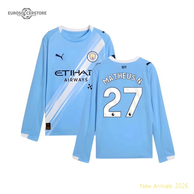2025-2026 Man City Long Sleeve Home Shirt (Kids) (Matheus N. 27)-Football Jersey Hub