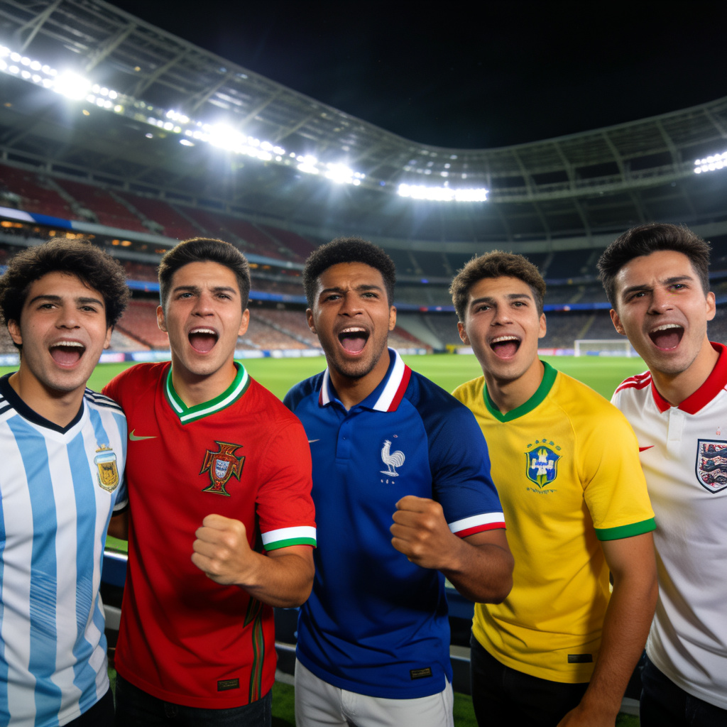 Football fans in national team jerseys at stadium