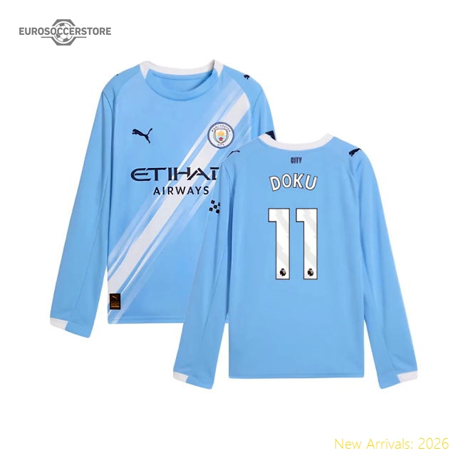 2025-2026 Man City Long Sleeve Home Shirt (Kids) (Doku 11)-Football Jersey Hub