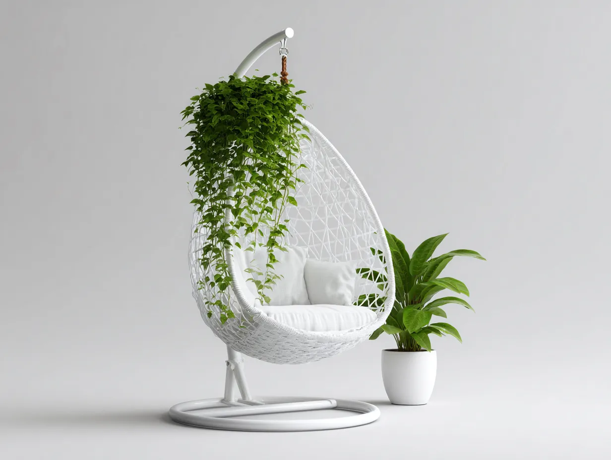 Hängesessel für Garten - Metall-Rattan-Textil - 111x95x198 cm - Weiß - Moderner Stil-Jaluxzahaus