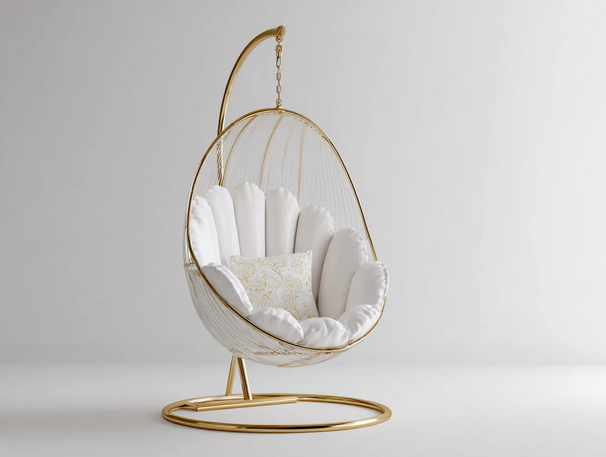 Hängesessel für Garten - Metall-Textil - 110x96x197 cm - Gold-Weiß - Moderner Stil-Jaluxzahaus