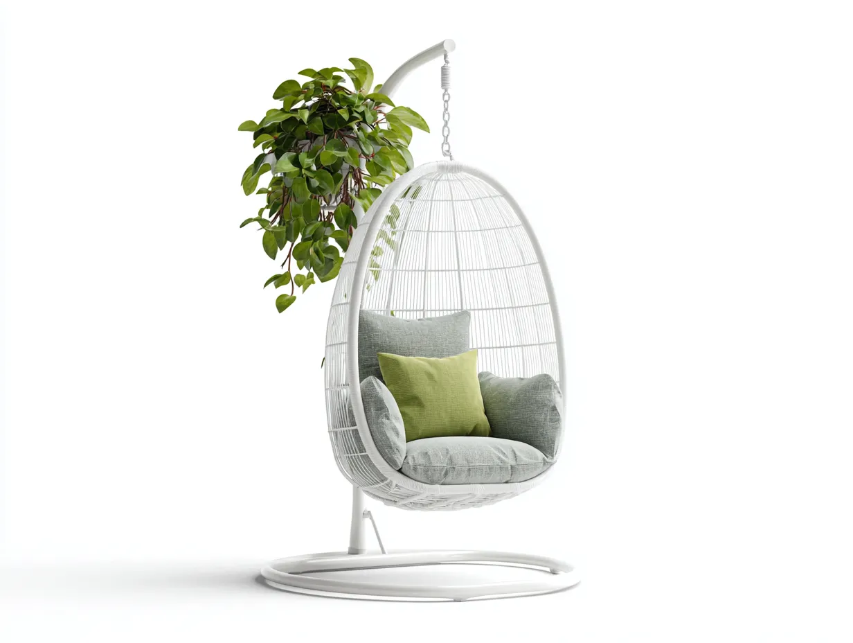 Hängesessel für Garten - Metall-Rattan-Textil - 108x92x196 cm - Weiß-Grau-Grün - Moderner Stil-Jaluxzahaus