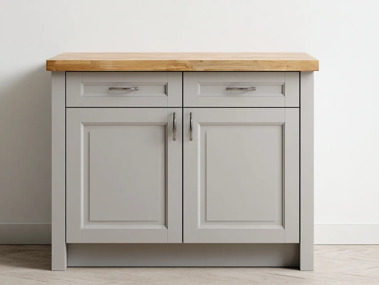 Sideboard-Holzwerkstoff-Massivholz-Metall-121 x 44 x 88 cm-Hellgrau-Natur-Moderne Landhausstil-Jalosohome