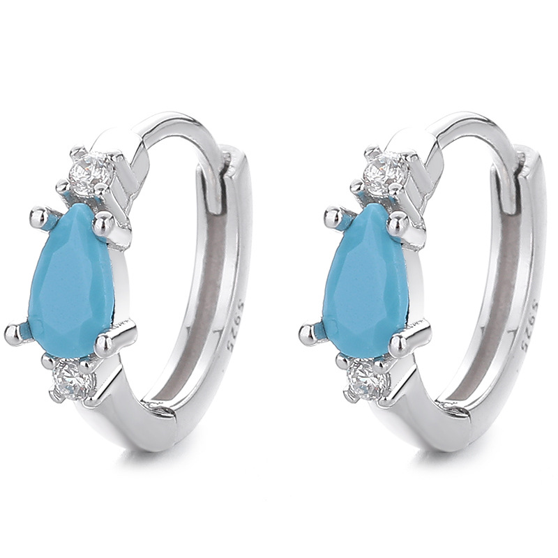 Sterling Silver Blue Teardrop CZ Huggie Hoop Earrings