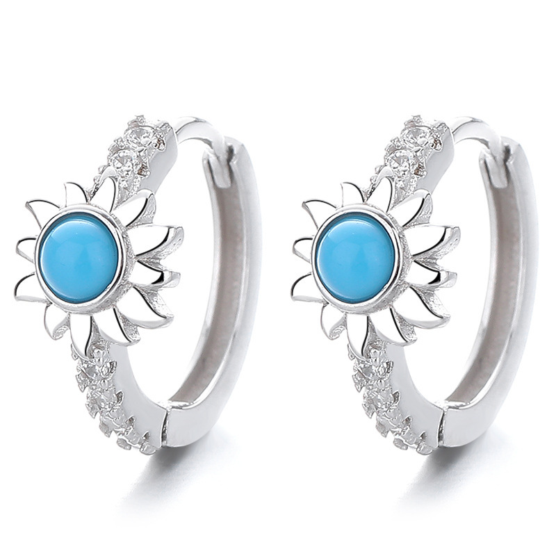 S925 Sterling Silver Turquoise Sunflower Huggie Hoop Earrings