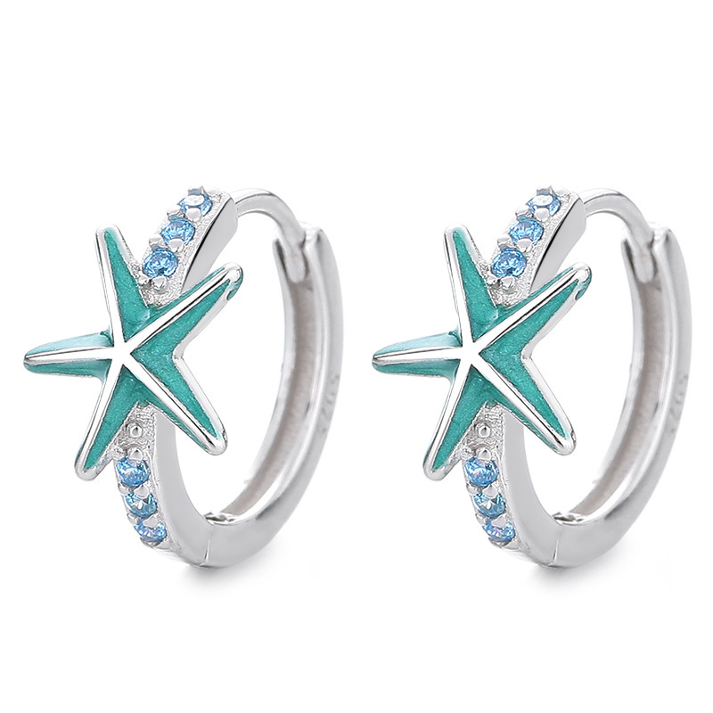 Starfish Hoop Earrings with Turquoise Enamel & Blue Crystal Accents