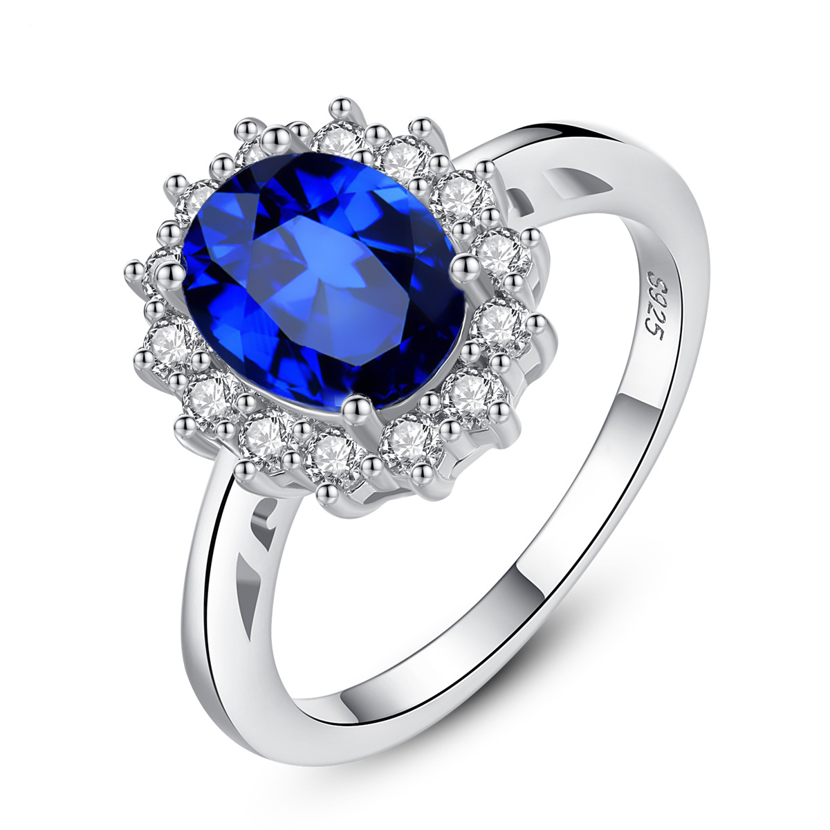 Sterling Silver Sapphire Halo Ring for Women, 925 Sterling Silver Oval Cut Created Blue Sapphire Engagement Ring Vintage Cluster Statement Jewelry